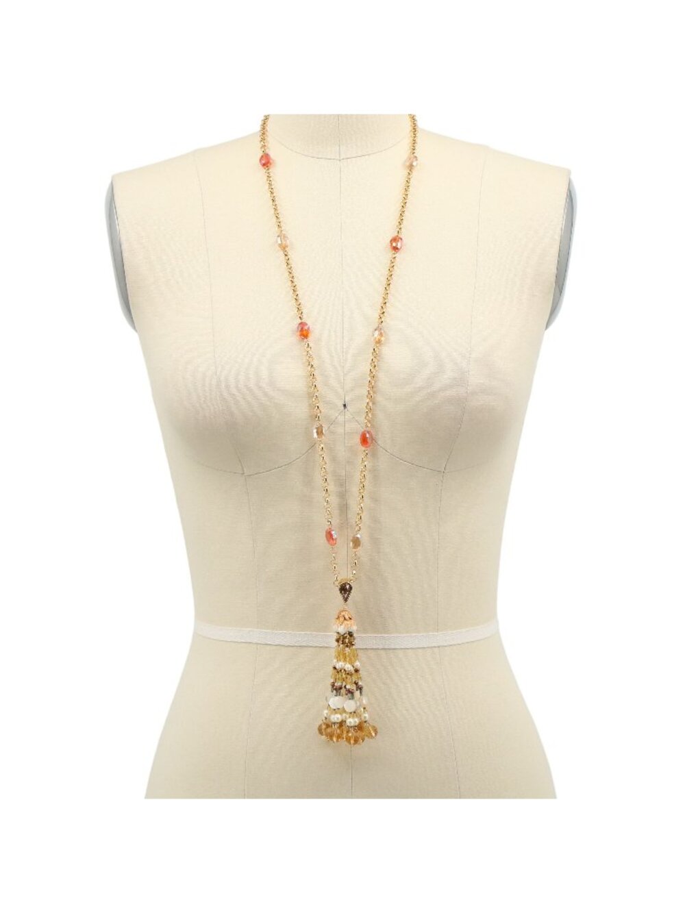Jay Strongwater Gold Tone Pink & Golden Crystals Tassel Long Toggle Necklace